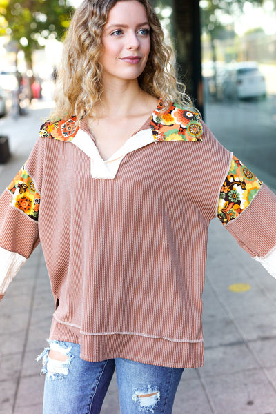 Charming Caramel Floral Print Colorblock Notch Neck Top - Online Only!
