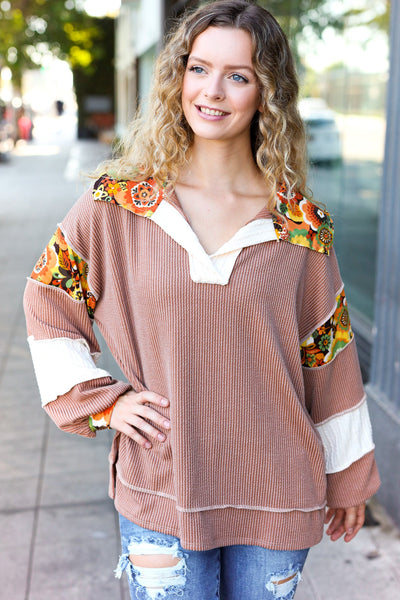 Charming Caramel Floral Print Colorblock Notch Neck Top - Online Only!