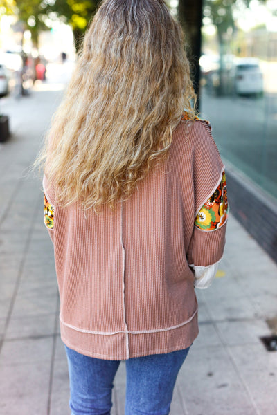 Charming Caramel Floral Print Colorblock Notch Neck Top - Online Only!