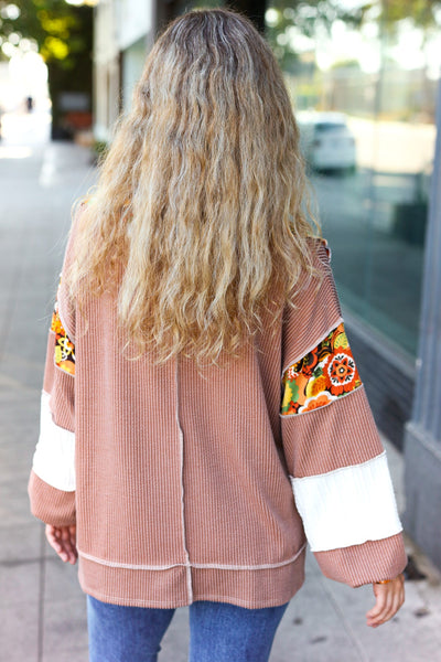 Charming Caramel Floral Print Colorblock Notch Neck Top - Online Only!