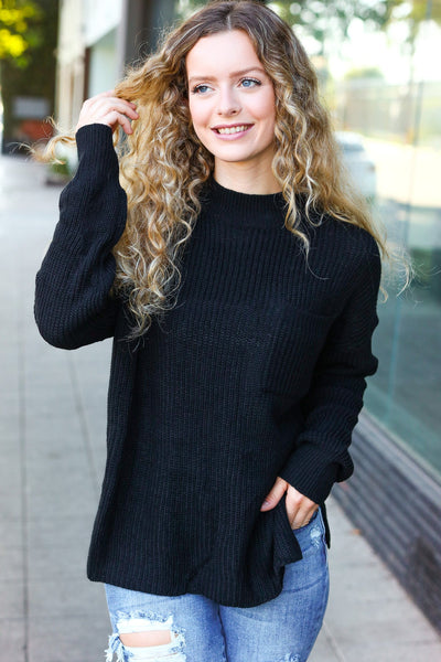 Classy Chic Black Mock Neck Chest Pocket Knit Sweater - Online Only!