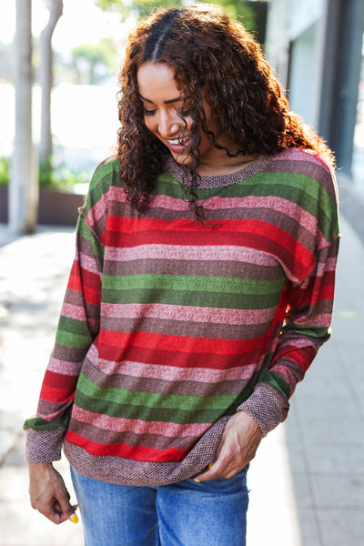 Perfectly You Olive & Mauve Stripe Two-Tone Banded Sweater Top - Online Only!