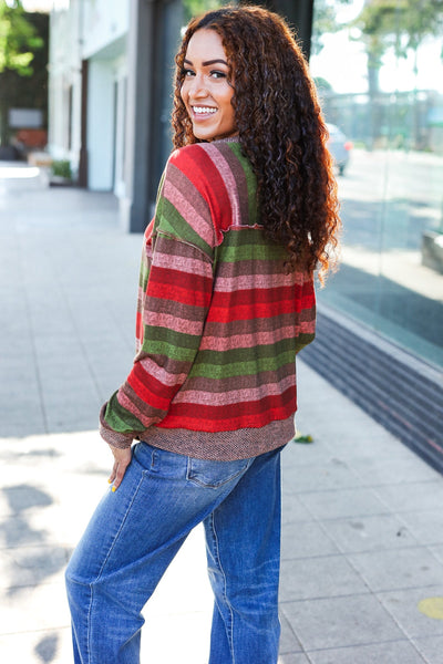 Perfectly You Olive & Mauve Stripe Two-Tone Banded Sweater Top - Online Only!
