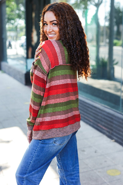 Perfectly You Olive & Mauve Stripe Two-Tone Banded Sweater Top - Online Only!