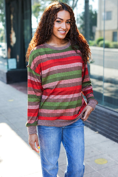 Perfectly You Olive & Mauve Stripe Two-Tone Banded Sweater Top - Online Only!