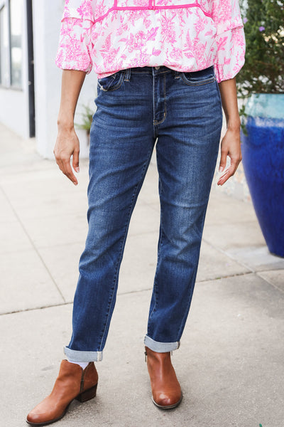 Judy Blue Mid Rise Cuffed Boyfriend Straight Leg Jeans - Online Only!
