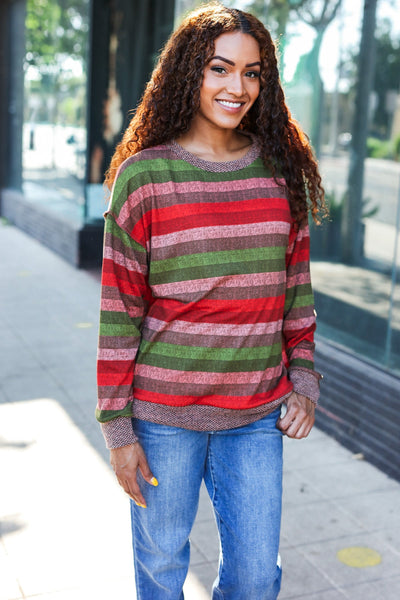 Perfectly You Olive & Mauve Stripe Two-Tone Banded Sweater Top - Online Only!