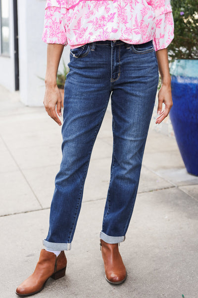 Judy Blue Mid Rise Cuffed Boyfriend Straight Leg Jeans - Online Only!