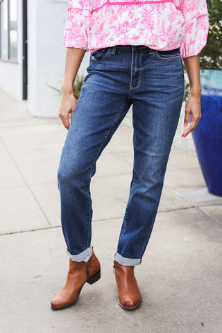 Judy Blue Mid Rise Cuffed Boyfriend Straight Leg Jeans - Online Only!