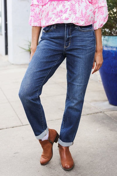 Judy Blue Mid Rise Cuffed Boyfriend Straight Leg Jeans - Online Only!