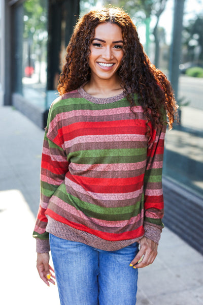 Perfectly You Olive & Mauve Stripe Two-Tone Banded Sweater Top - Online Only!