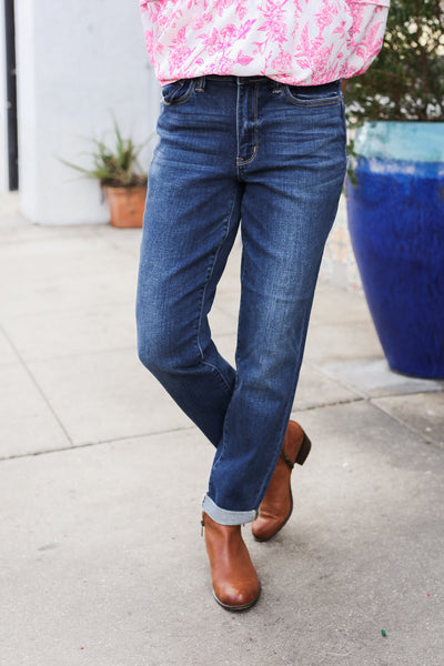 Judy Blue Mid Rise Cuffed Boyfriend Straight Leg Jeans - Online Only!