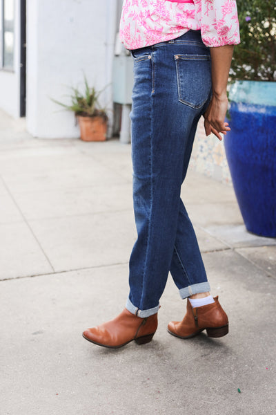 Judy Blue Mid Rise Cuffed Boyfriend Straight Leg Jeans - Online Only!