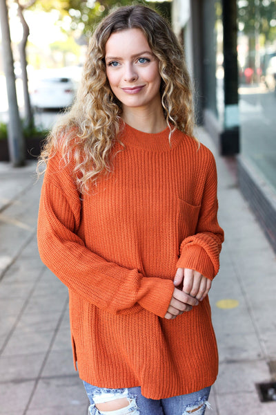 Pumpkin Spice Mock Neck Chest Pocket Knit Sweater - Online Only!