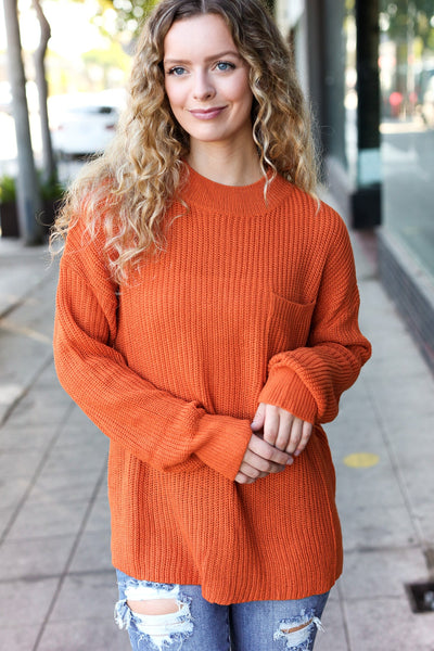 Pumpkin Spice Mock Neck Chest Pocket Knit Sweater - Online Only!