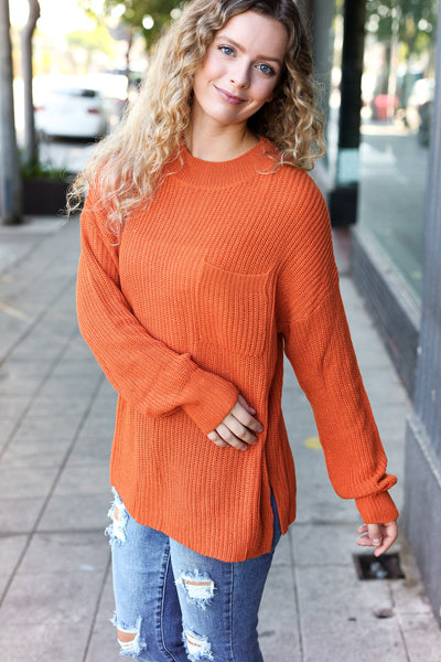 Pumpkin Spice Mock Neck Chest Pocket Knit Sweater - Online Only!