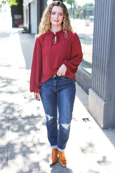 Feeling Femme Burgundy Frilled Edge V Neck Tie Top - Online Only!