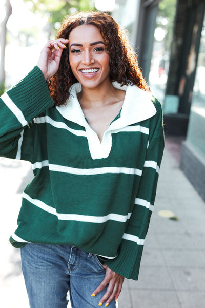 Fall For You Hunter Green Stripe Notched Neck Collared Oversized Sweater - Online Only!