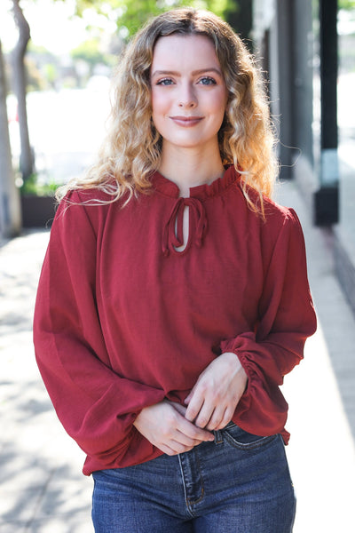 Feeling Femme Burgundy Frilled Edge V Neck Tie Top - Online Only!