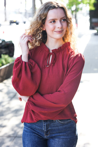 Feeling Femme Burgundy Frilled Edge V Neck Tie Top - Online Only!