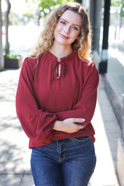Feeling Femme Burgundy Frilled Edge V Neck Tie Top - Online Only!