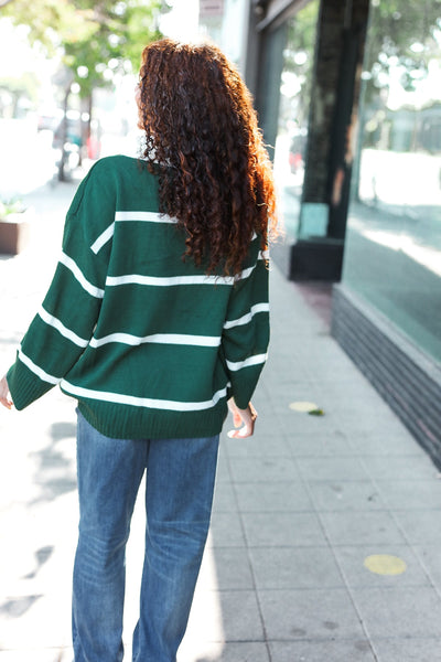 Fall For You Hunter Green Stripe Notched Neck Collared Oversized Sweater - Online Only!