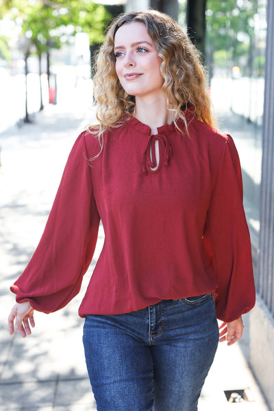 Feeling Femme Burgundy Frilled Edge V Neck Tie Top - Online Only!