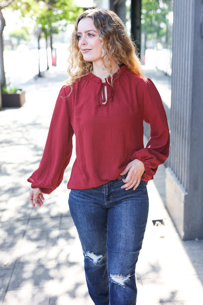 Feeling Femme Burgundy Frilled Edge V Neck Tie Top - Online Only!