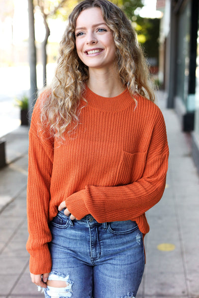 Pumpkin Spice Mock Neck Chest Pocket Knit Sweater - Online Only!