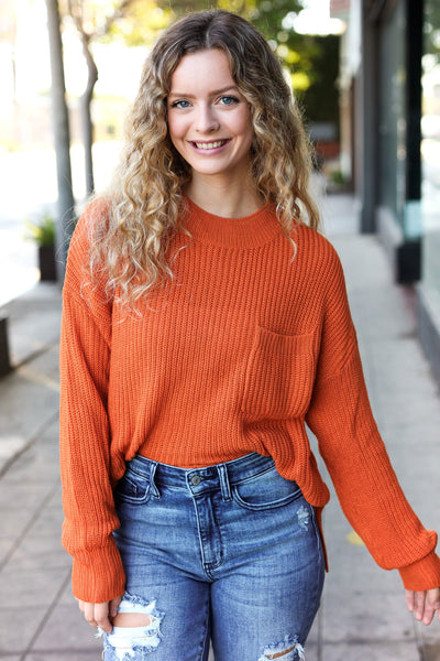 Pumpkin Spice Mock Neck Chest Pocket Knit Sweater - Online Only!