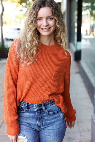 Pumpkin Spice Mock Neck Chest Pocket Knit Sweater - Online Only!