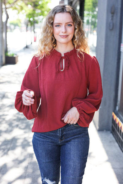 Feeling Femme Burgundy Frilled Edge V Neck Tie Top - Online Only!