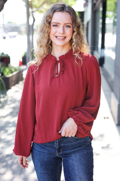 Feeling Femme Burgundy Frilled Edge V Neck Tie Top - Online Only!