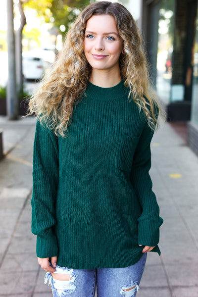 Classy Chic Hunter Green Mock Neck Chest Pocket Knit Sweater - Online Only!