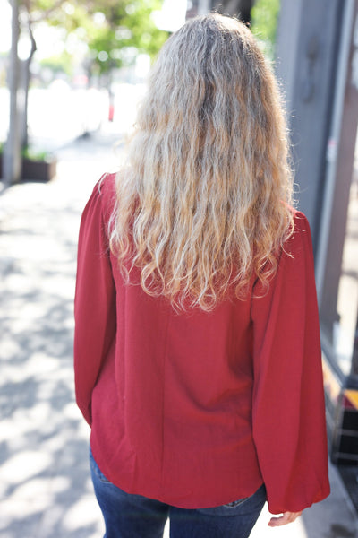 Feeling Femme Burgundy Frilled Edge V Neck Tie Top - Online Only!