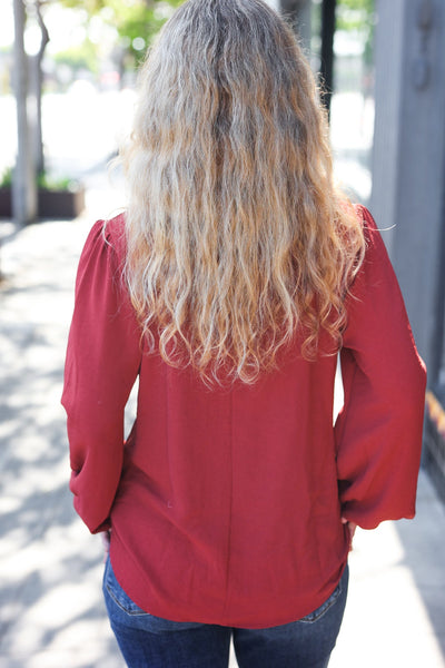 Feeling Femme Burgundy Frilled Edge V Neck Tie Top - Online Only!