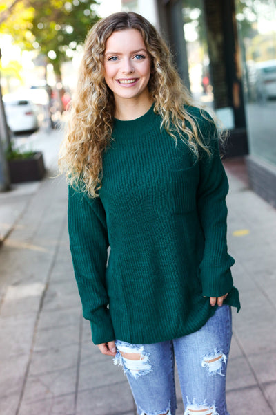 Classy Chic Hunter Green Mock Neck Chest Pocket Knit Sweater - Online Only!