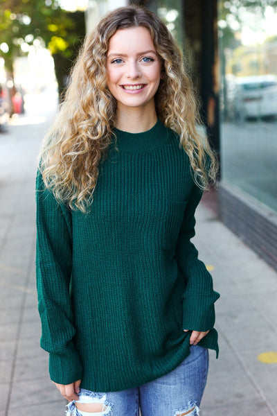 Classy Chic Hunter Green Mock Neck Chest Pocket Knit Sweater - Online Only!