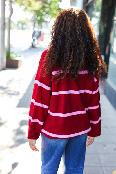 Fall For You Crimson Stripe Notched Neck Collared Oversized Sweater - Online Only!