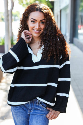 Fall For You Black Stripe Notched Neck Collared Oversized Sweater - Online Only!
