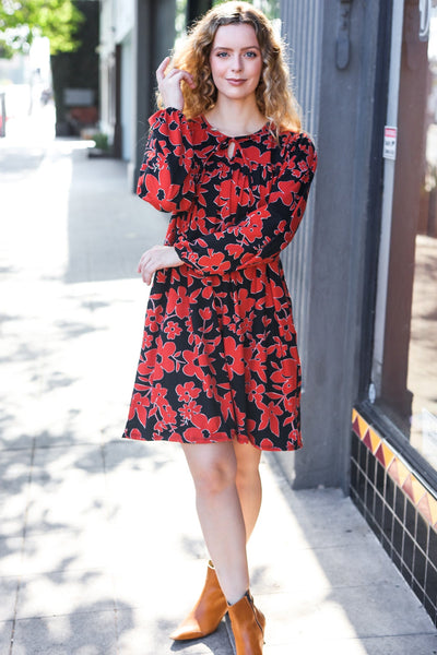 Boldly You Rust & Black Floral Print Front Tie Dress - Online Only!