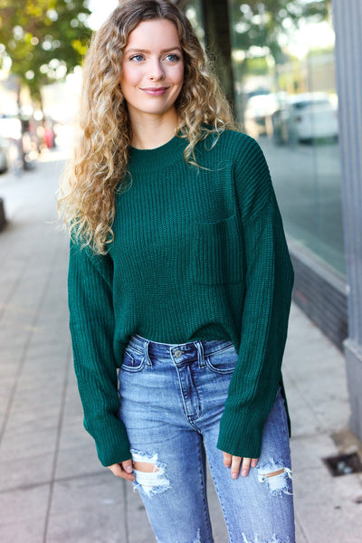Classy Chic Hunter Green Mock Neck Chest Pocket Knit Sweater - Online Only!