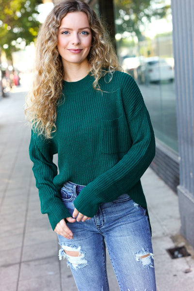 Classy Chic Hunter Green Mock Neck Chest Pocket Knit Sweater - Online Only!
