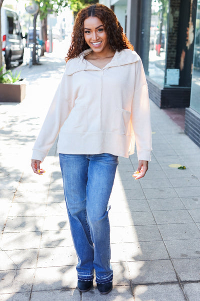 Easy Living Oatmeal Textured Knit Notch Neck Oversized Collar Sweater - Online Only!