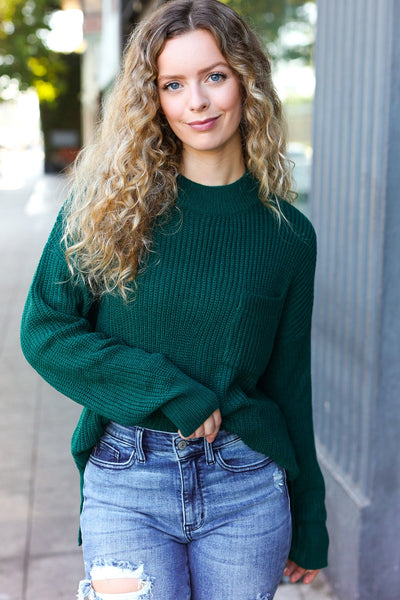 Classy Chic Hunter Green Mock Neck Chest Pocket Knit Sweater - Online Only!
