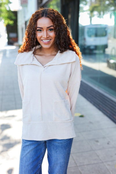 Easy Living Oatmeal Textured Knit Notch Neck Oversized Collar Sweater - Online Only!