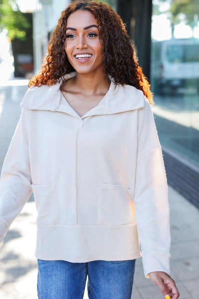 Easy Living Oatmeal Textured Knit Notch Neck Oversized Collar Sweater - Online Only!