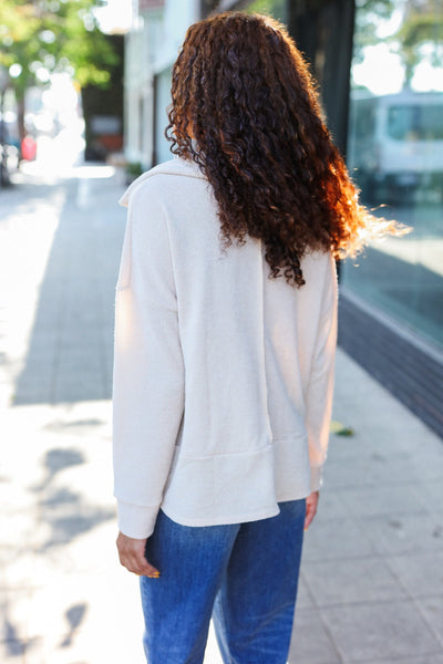 Easy Living Oatmeal Textured Knit Notch Neck Oversized Collar Sweater - Online Only!