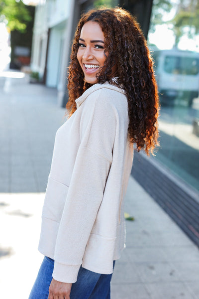 Easy Living Oatmeal Textured Knit Notch Neck Oversized Collar Sweater - Online Only!
