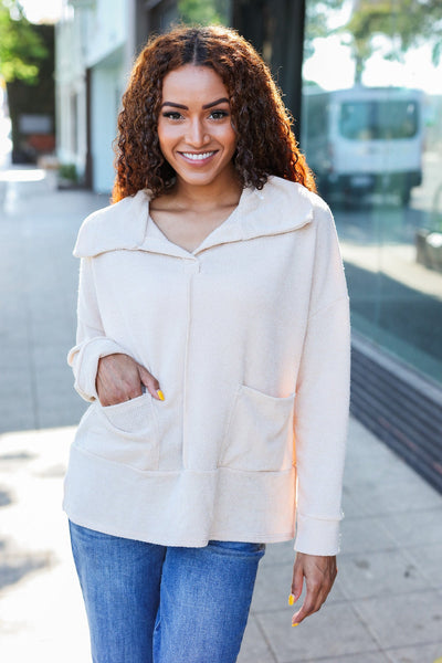 Easy Living Oatmeal Textured Knit Notch Neck Oversized Collar Sweater - Online Only!
